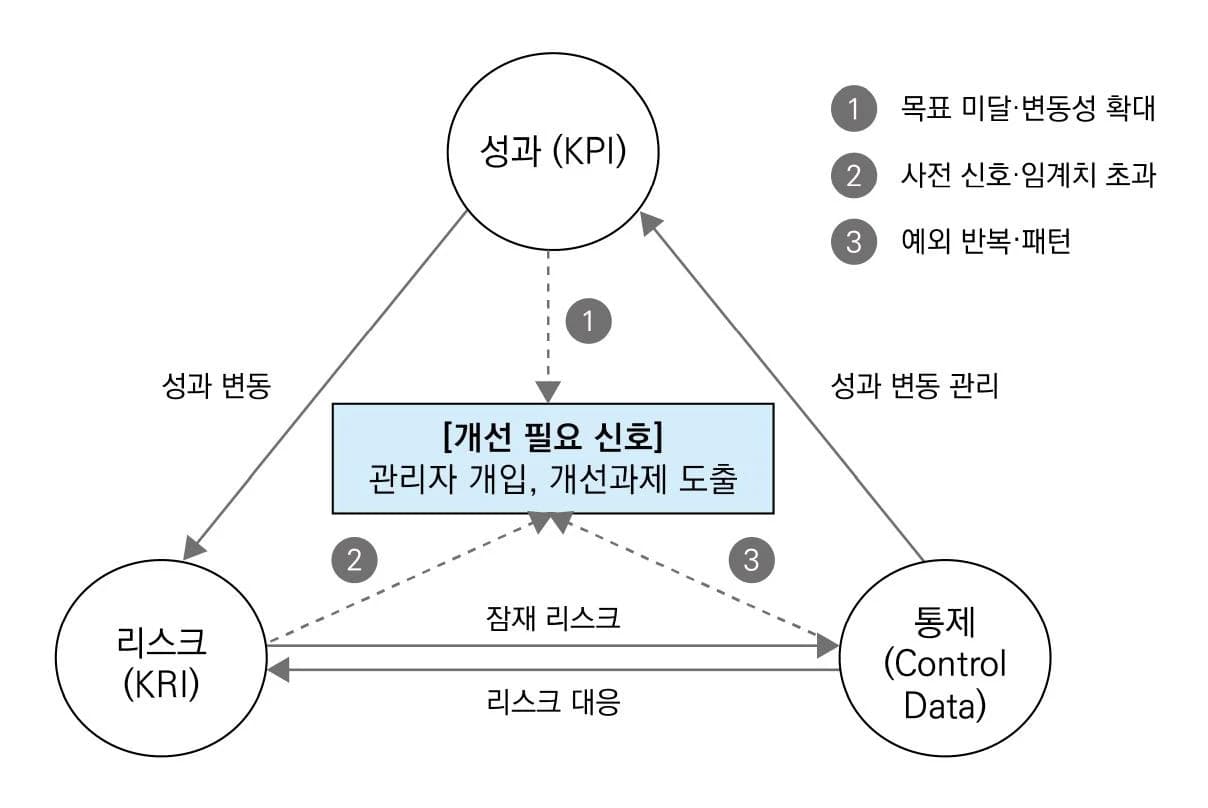 성과(KPI)·리스크(KRI)·통제(Control Data) 세 요소가 삼각 구조로 연결되고 그 가운데에서 개선 필요 신호가 도출되는 관찰 구조